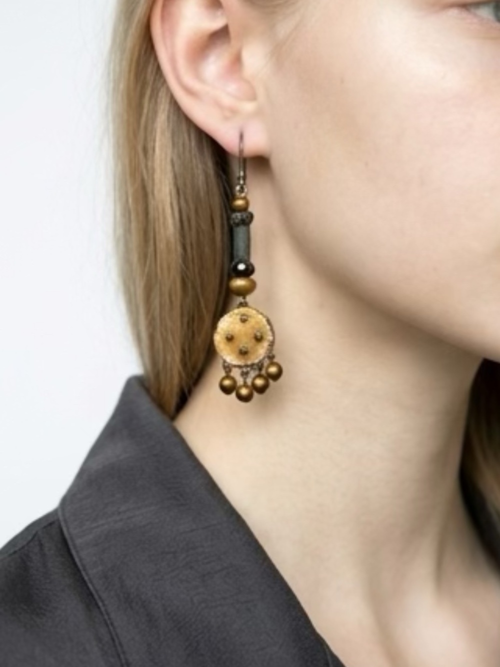 Vintage Yellow Beaded and Velvet Ayala Bar Earrings Boho Artisan Jewelry